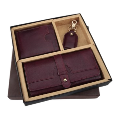 3 in 1 Cherry Color, Pure Leather Wallet for Men & Women & Key Chain Combo for Gifting & Personal Use