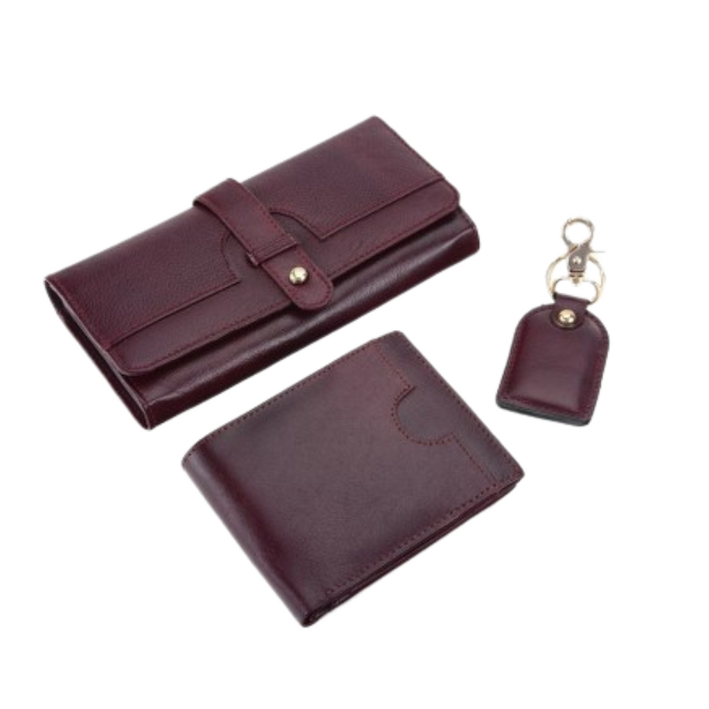 3 in 1 Cherry Color Pure Leather Wallet for Men Women Key Chain C EnchantingSparkles